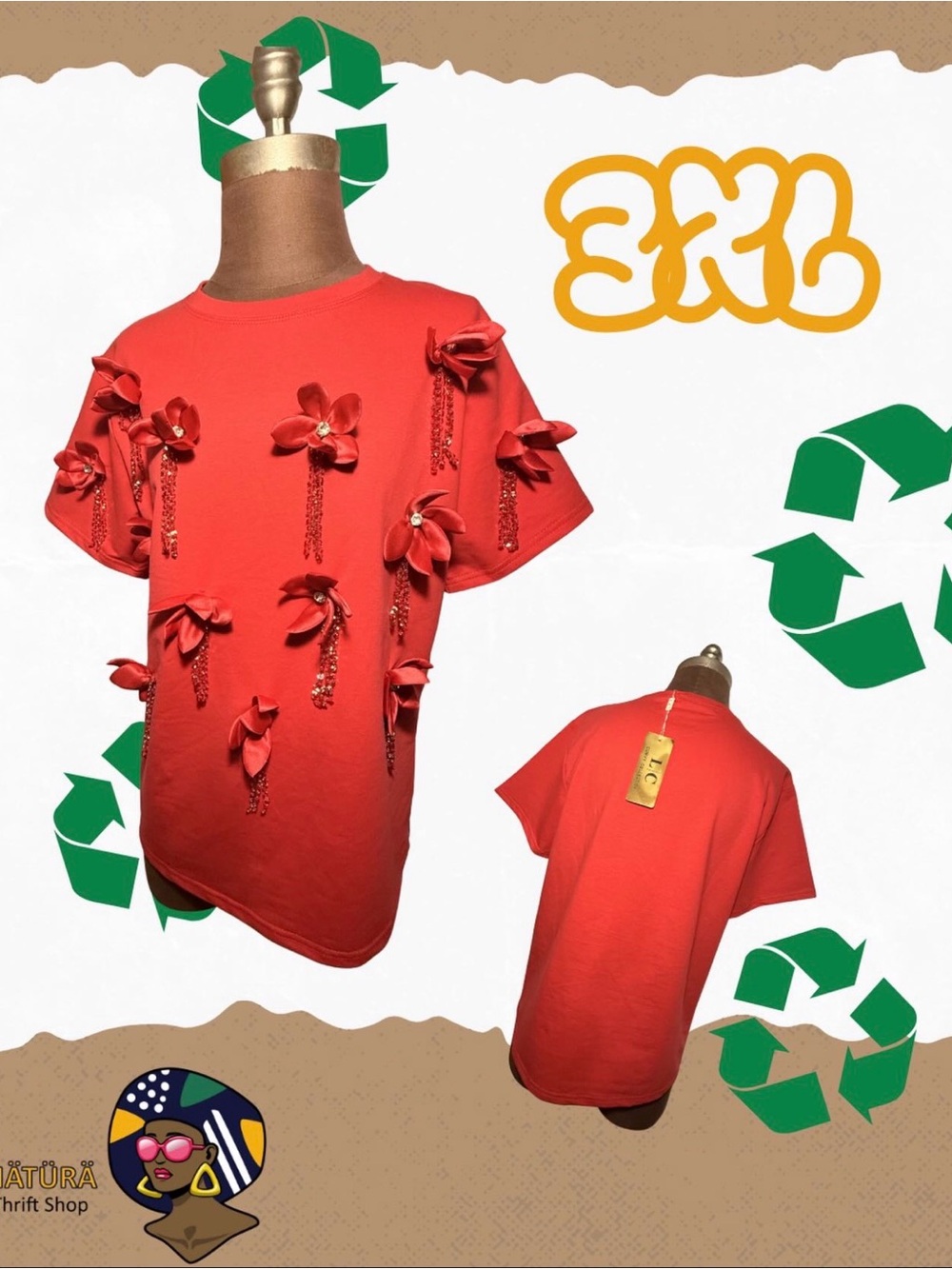 Red Short Sleeve Tee with Floral Bead Appliqués